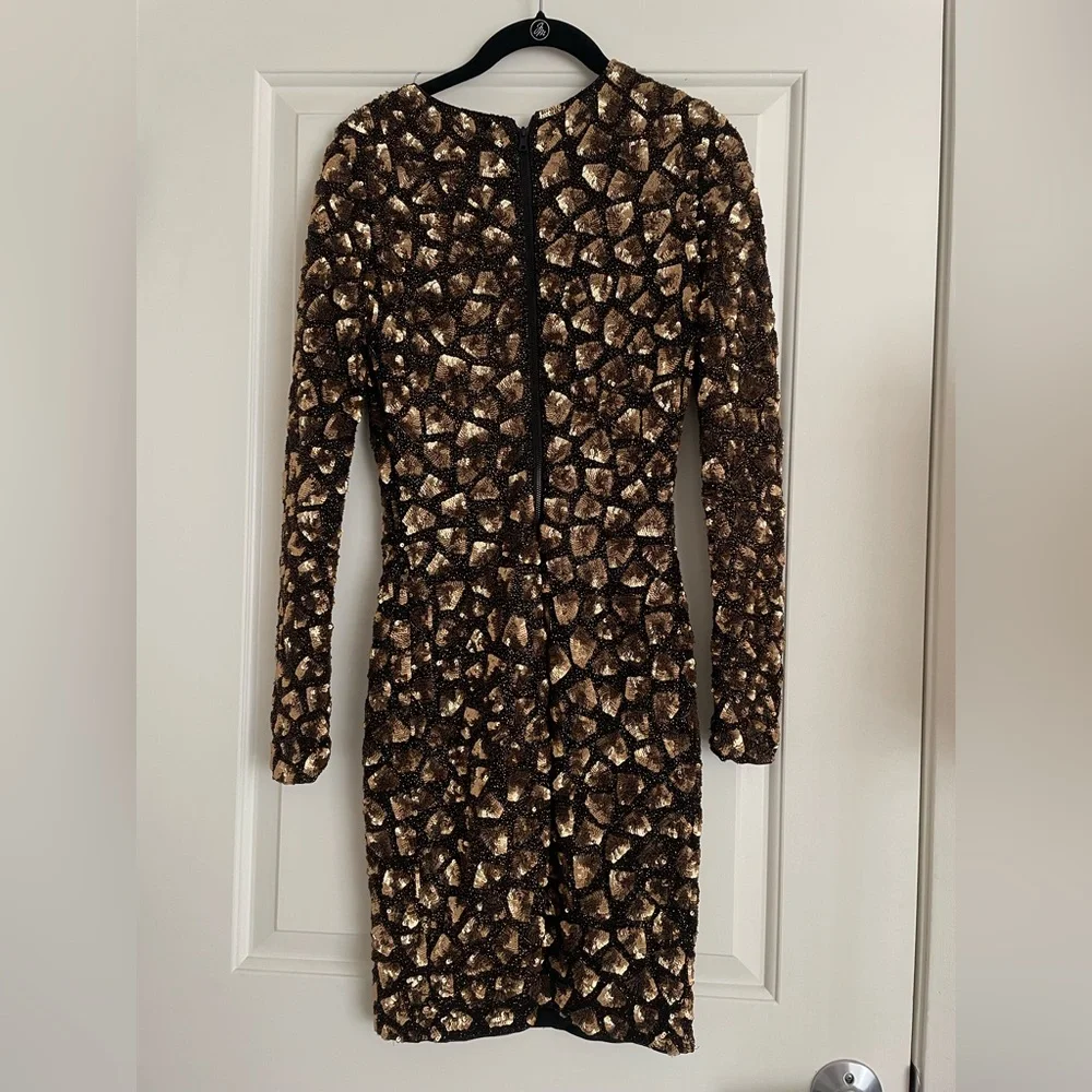 Alice +‎ Olivia Nora Metallic Embellished Mini Cocktail Dress XS Long Sleeve